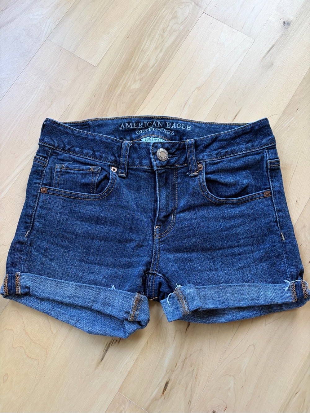 American Eagle Outfitters Dark Blue Rolled-Cuff Denim Shorts